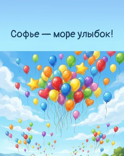 Поздравительная открытка с днём рождения: Софья — разноцветные воздушные шары, парящие в голубом небе с облаками