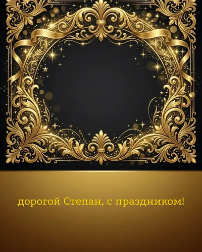 Поздравительная открытка с днём рождения: Степан — элегантные золотые узоры и вензеля на глубоком тёмном фоне
