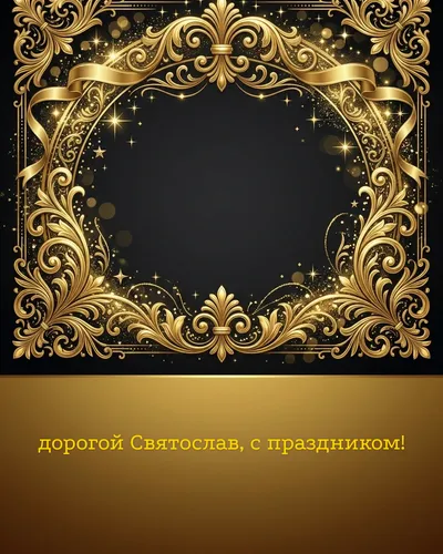 Поздравительная открытка с днём рождения: Святослав — элегантные золотые узоры и вензеля на глубоком тёмном фоне