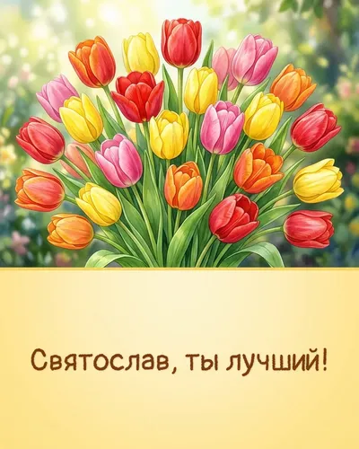 Поздравительная открытка с днём рождения: Святослав — яркие тюльпаны в весенней палитре на фоне солнечных лучей
