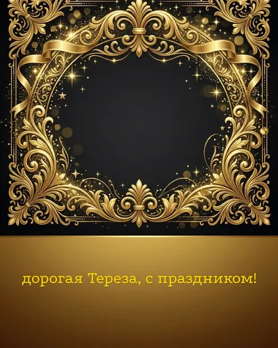 Поздравительная открытка с днём рождения: Тереза — элегантные золотые узоры и вензеля на глубоком тёмном фоне
