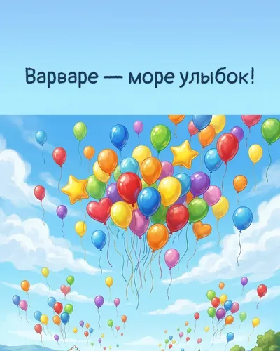 Поздравительная открытка с днём рождения: Варвара — разноцветные воздушные шары, парящие в голубом небе с облаками