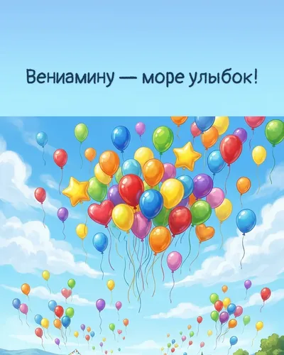 Поздравительная открытка с днём рождения: Вениамин — разноцветные воздушные шары, парящие в голубом небе с облаками
