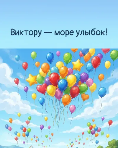Поздравительная открытка с днём рождения: Виктор — разноцветные воздушные шары, парящие в голубом небе с облаками