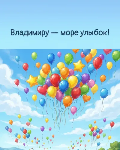 Поздравительная открытка с днём рождения: Владимир — разноцветные воздушные шары, парящие в голубом небе с облаками