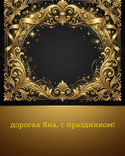 Поздравительная открытка с днём рождения: Яна — элегантные золотые узоры и вензеля на глубоком тёмном фоне
