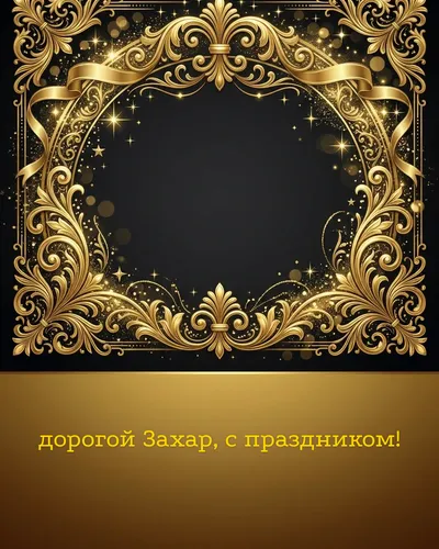 Поздравительная открытка с днём рождения: Захар — элегантные золотые узоры и вензеля на глубоком тёмном фоне