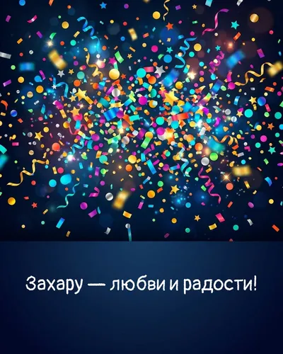 Поздравительная открытка с днём рождения: Захар — взрыв яркого конфетти и золотых блёсток на фоне праздничного салюта