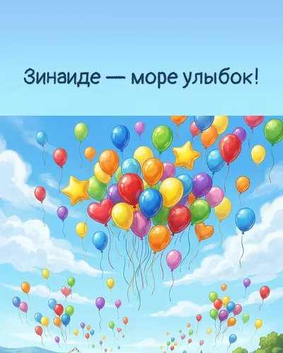 Поздравительная открытка с днём рождения: Зинаида — разноцветные воздушные шары, парящие в голубом небе с облаками