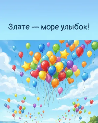 Поздравительная открытка с днём рождения: Злата — разноцветные воздушные шары, парящие в голубом небе с облаками
