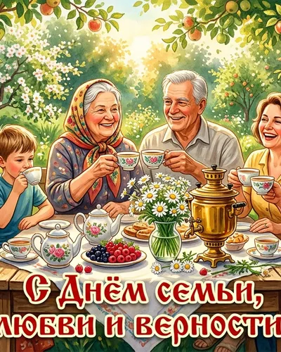 открытка ко дню семьи, любви и верности — большая семья за праздничным столом