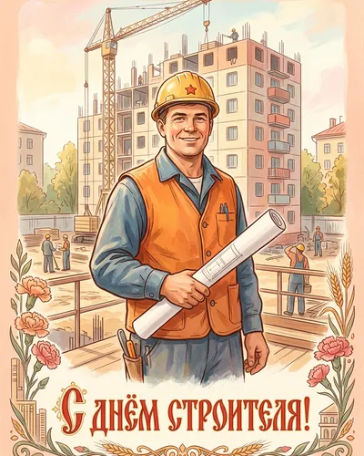 Открытка с днём строителя! — стиль «Советская» с портретом
