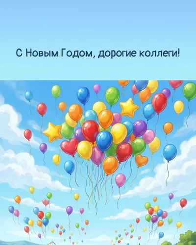 Поздравительная открытка: разноцветные воздушные шары, парящие в облаках