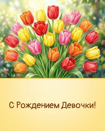 Открытка с рождением девочки: весенние тюльпаны, божьи коровки и розовые воздушные шары