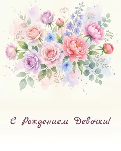 Открытка с рождением девочки: нежная акварель: розовые пионы, коляска и бабочки
