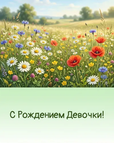 Открытка с рождением девочки: ромашки и полевые цветы, бабочки и розовая коляска на лугу