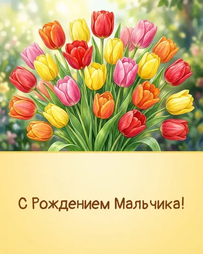 Поздравительная открытка: яркие тюльпаны в весенней палитре, солнечные лучи
