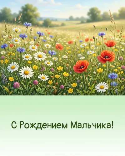 Поздравительная открытка: нежная композиция из полевых цветов и ромашек, летнее настроение