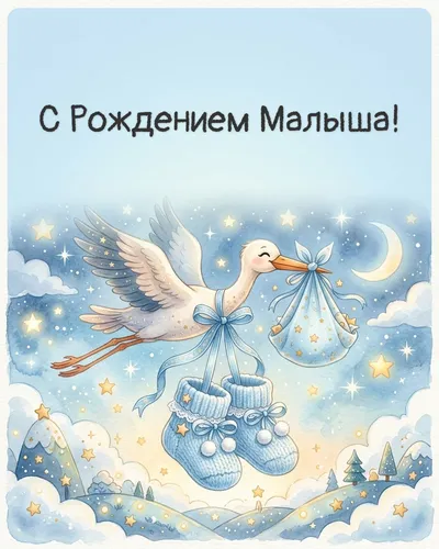 Открытка с рождением малыша: милый голубой дизайн с пинетками, звёздочками и аистом