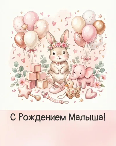 Открытка с рождением малыша: сказочная открытка с аистом и розовым бантом — с новорождённой