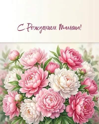 Открытка с рождением малыша: пышные пионы пастельных тонов, детская бутылочка и пинетки