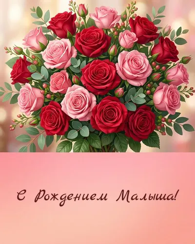 Открытка с рождением малыша: букет алых роз, пинетки и серебряная погремушка на белом фоне