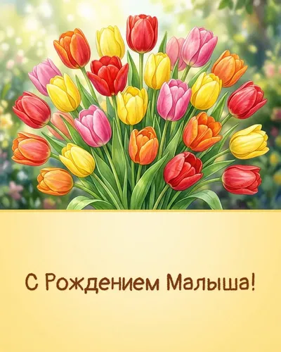 Открытка с рождением малыша: весенние тюльпаны и маленькие следы на зелёной траве