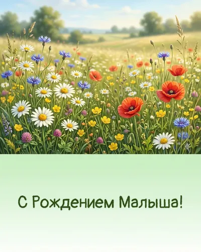 Открытка с рождением малыша: нежные полевые цветы, аист и голубое небо