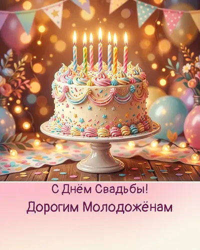 Свадебная открытка: праздничный свадебный торт с фигурками молодожёнов и кремовыми розами