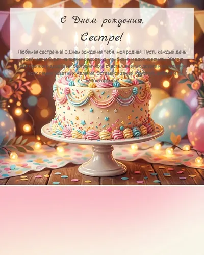 Открытка с днём рождения Сестре — с праздничным тортом