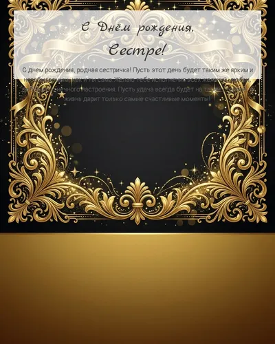 Открытка с днём рождения Сестре — золотая на тёмном фоне