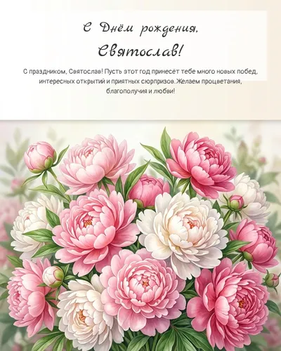 С Днём рождения, Святослав! — с пионами Открытка с днём рождения Святослав — с пионами