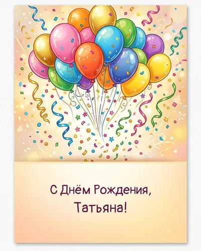 Открытка с днём рождения Татьяна — с шарами и конфетти