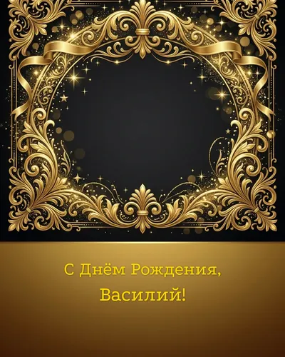 С Днём рождения, Василий! — золотая на тёмном фоне Открытка с днём рождения Василий — золотая на тёмном фоне