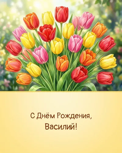 С Днём рождения, Василий! — с тюльпанами Открытка с днём рождения Василий — с тюльпанами