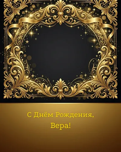 Открытка с днём рождения Вера — золотая на тёмном фоне