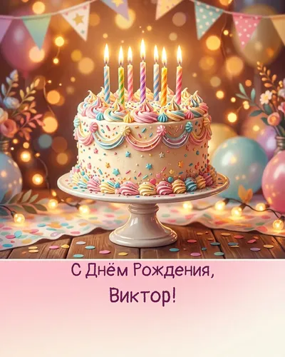 Открытка с днём рождения Виктор — с праздничным тортом