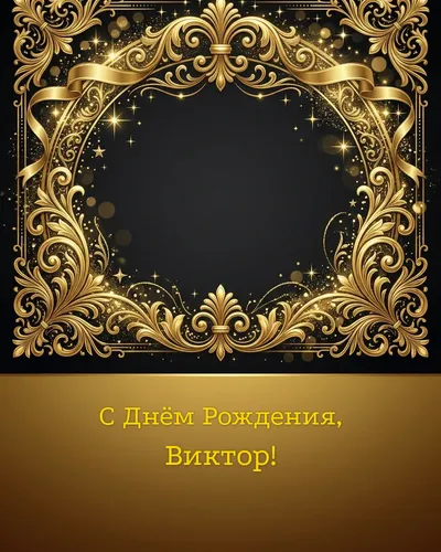 Открытка с днём рождения Виктор — золотая на тёмном фоне