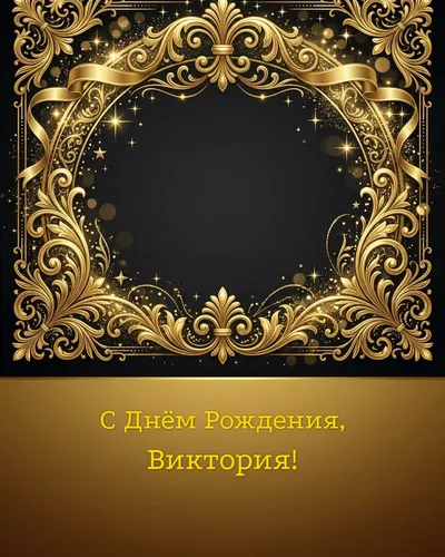Открытка с днём рождения Виктория — золотая на тёмном фоне
