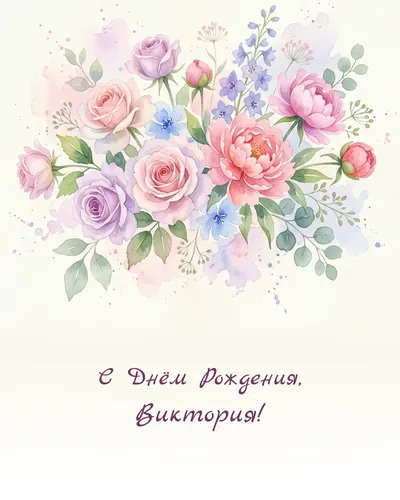 Открытка с днём рождения Виктория — акварельная с цветами