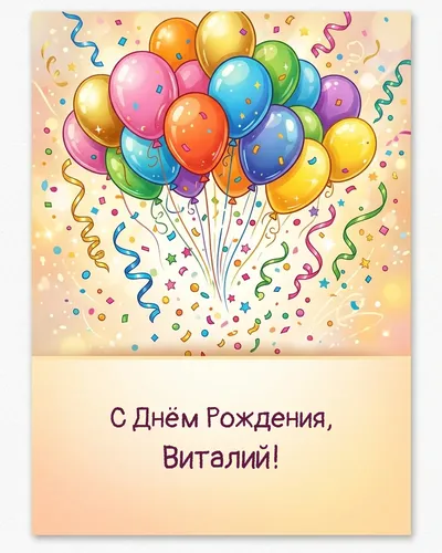Открытка с днём рождения Виталий — с шарами и конфетти
