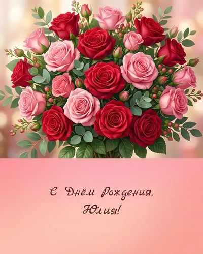 С Днём рождения, Юлия! — с букетом роз Открытка с днём рождения Юлия — с букетом роз